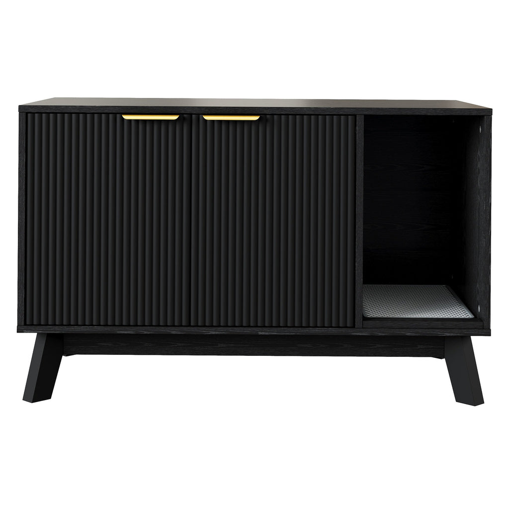 Garvee Cat Litter Box Enclosure Hidden Litter Box Furniture with Scratch Pad Cat House Wooden Cat Washroom Cabinet 2-in-1 for Living Room, Hallway, Black