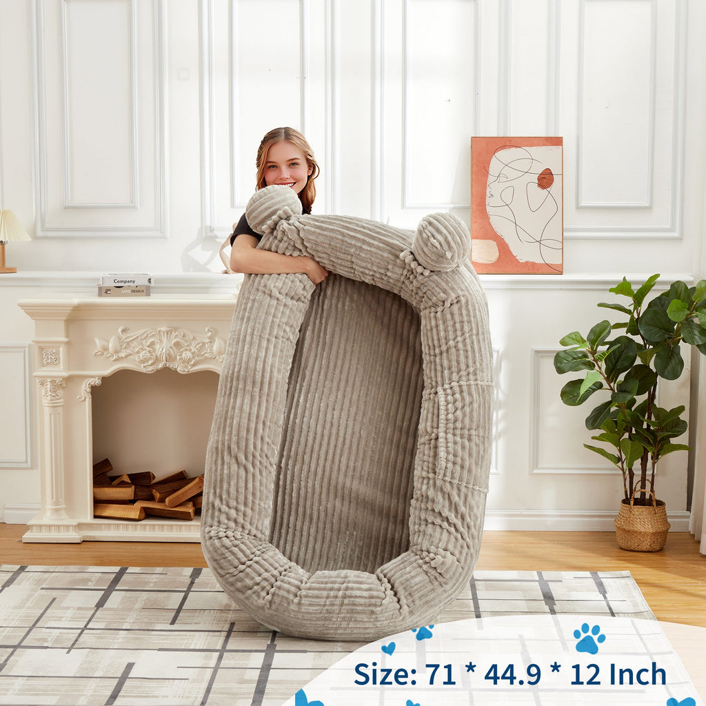 Garvee Oversized Human Size Dog Bed for Adults - 72x44 Inch Pet Sofa with Blanket - Removable & Washable Corduroy Cover - High Density Foam - 2 Storage Pockets & Carry Handles - Orthopedic Floor Lounger for Large Dogs & People - Corduroy