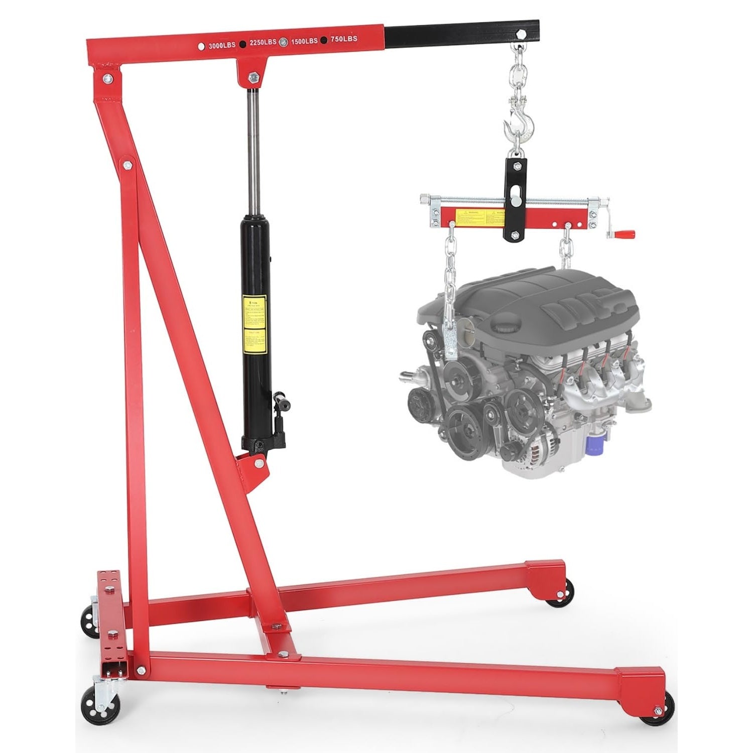 Garvee 3000 LBS Hydraulic Engine Hoist with Lever, 1.5-Ton Telescoping Boom Shop Crane with 4 Heavy-Duty Casters, Garage & Warehouse Cherry Picker for Automotive, Machinery, and Equipment Lifting, Red
