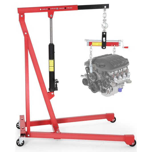 Garvee 3000 LBS Hydraulic Engine Hoist with Lever, 1.5-Ton Telescoping Boom Shop Crane with 4 Heavy-Duty Casters, Garage & Warehouse Cherry Picker for Automotive, Machinery, and Equipment Lifting, Red