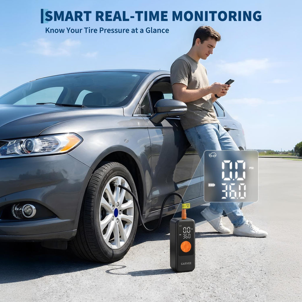 Garvee 150 PSI Cordless Tire Inflator Air Compressor, 4000mAh Rechargeable Portable Pump with Digital Pressure Gauge, Auto Shut-Off & LED Light for Cars, SUVs, Motorcycles, Bikes & Balls Black/Orange
