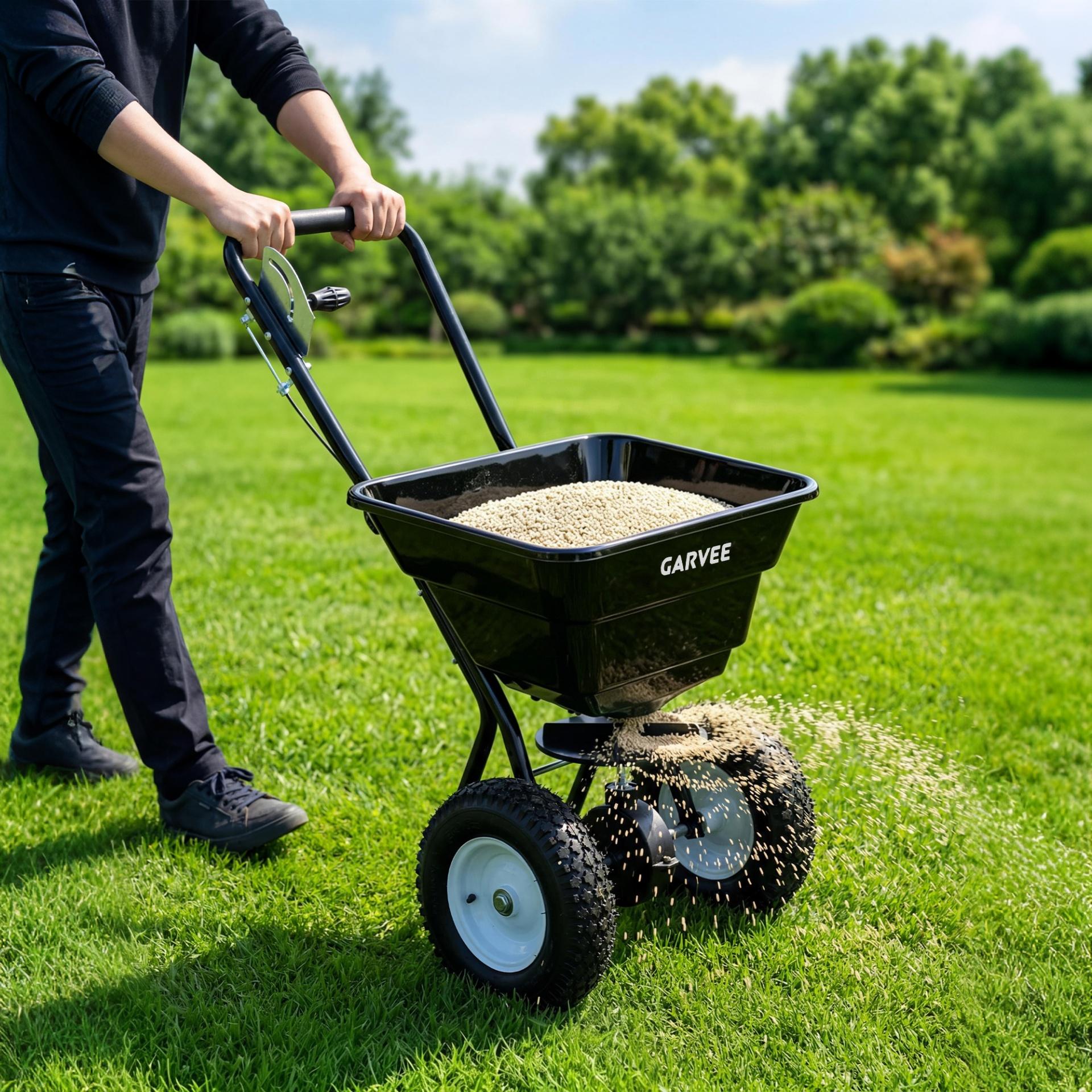 Garvee 80 lb Push Broadcast Spreader, Walk-Behind Lawn & Garden Spreader with 29 L Hopper, 0–12 ft Coverage, 13" All-Terrain Wheels & 20-Level Flow Control for Seed, Fertilizer, Salt & Ice Melt, Black