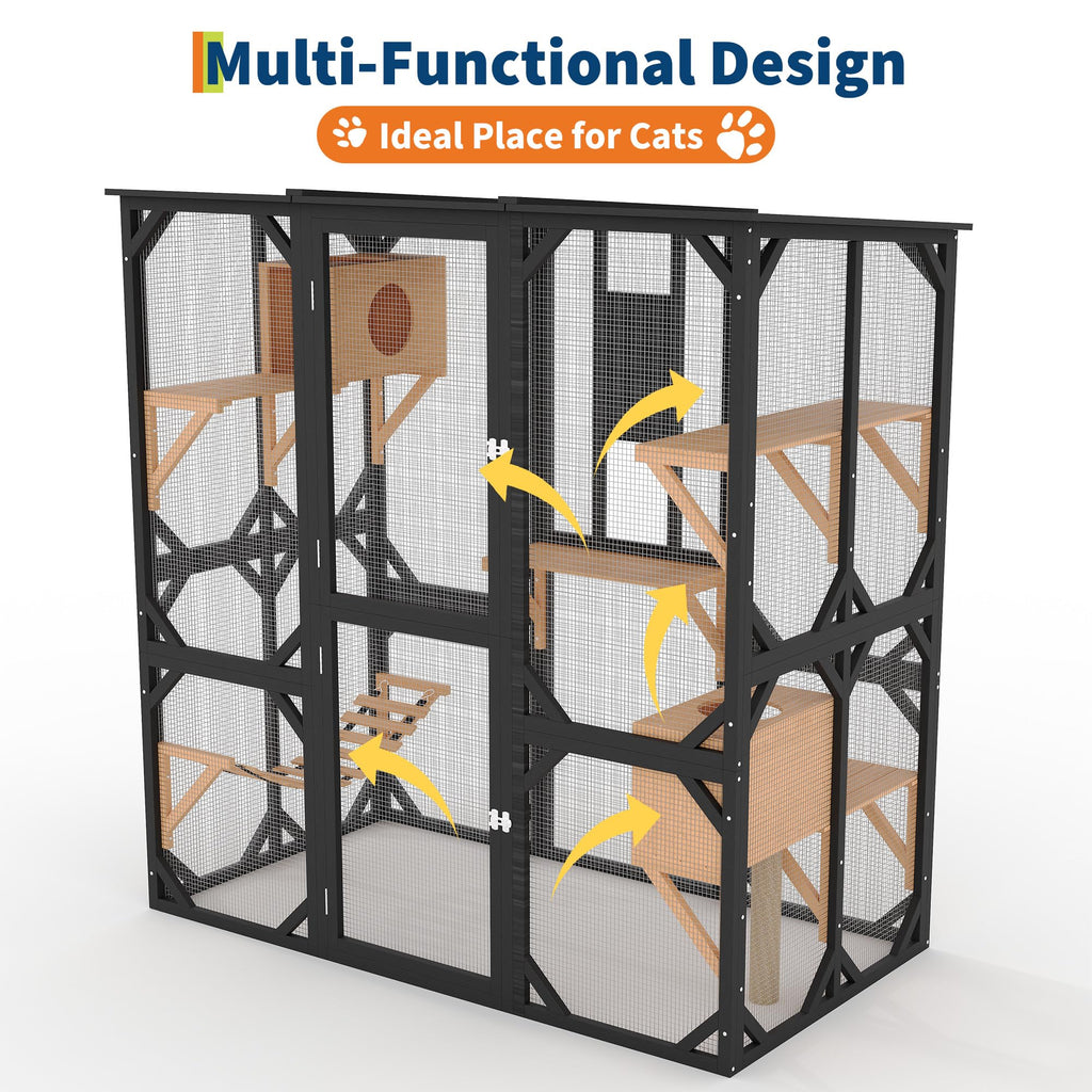 Garvee 70" Large Catio with Window Access, Outdoor Walk-in Cat Enclosure for Cats, Wooden Cat Patio with Asphalt Roof, Platforms, Scratch Post, Bridge & Condo Black