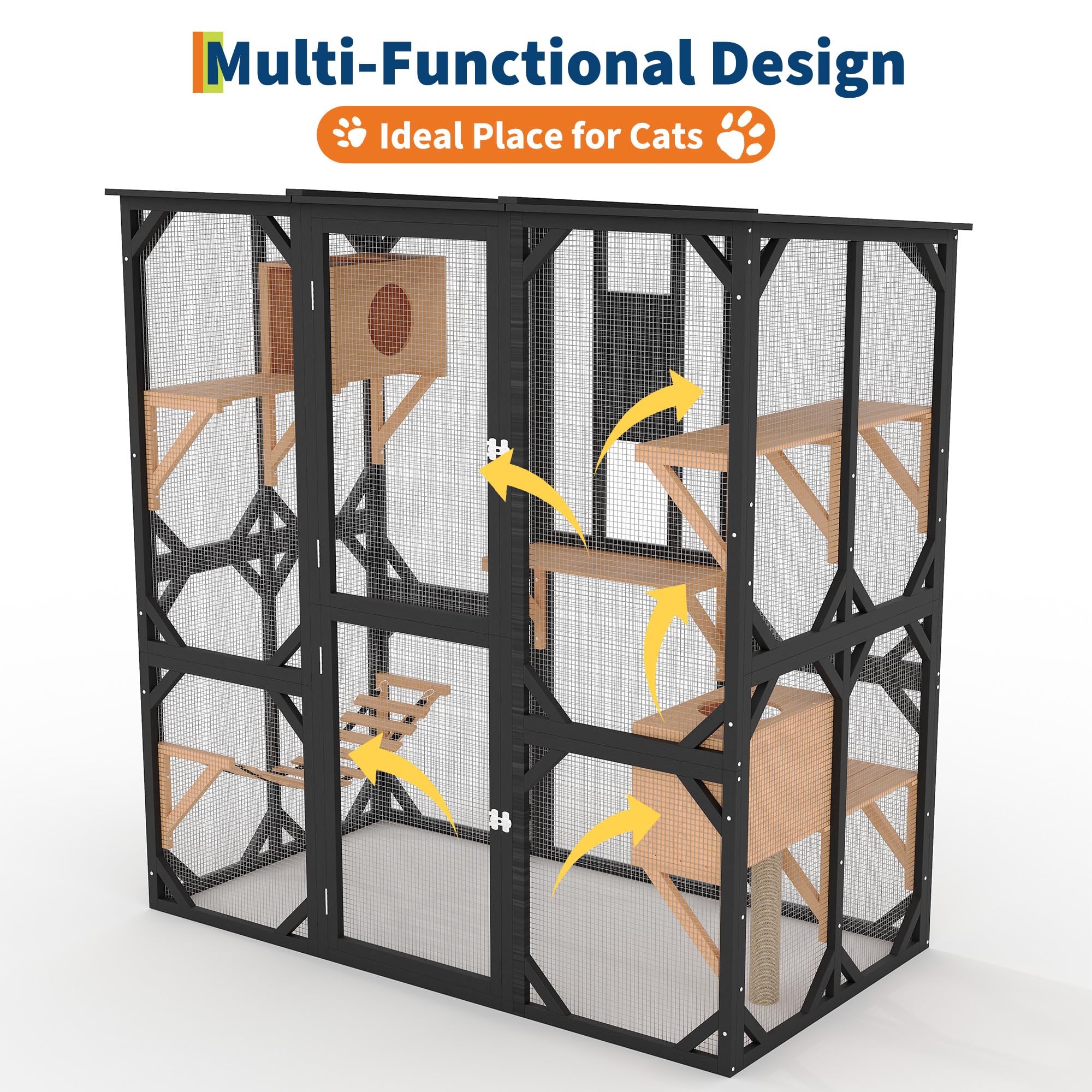 Garvee 70" Large Catio with Window Access, Outdoor Walk-in Cat Enclosure for Cats, Wooden Cat Patio with Asphalt Roof, Platforms, Scratch Post, Bridge & Condo Black