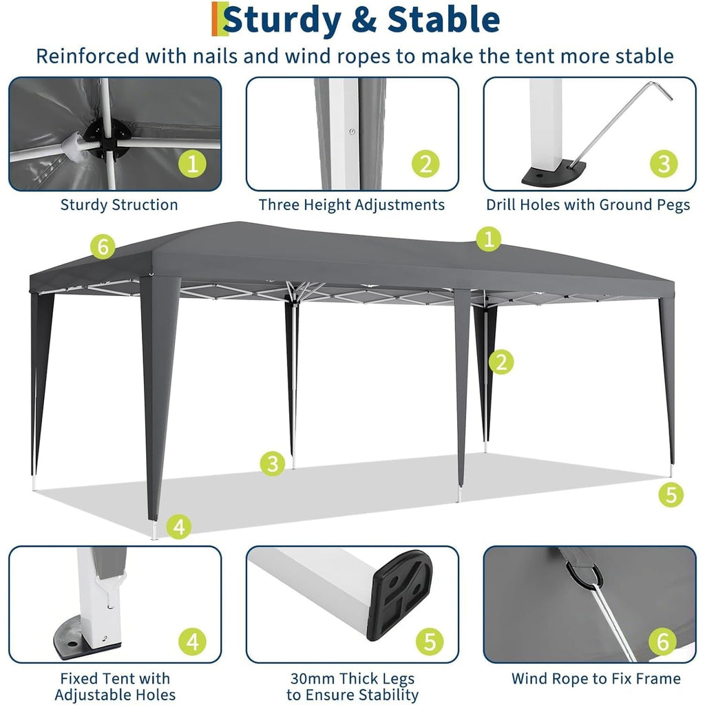 Garvee 10x20 ft Pop Up Canopy Tent, Heavy Duty Steel Frame Outdoor Shelter with 6 Removable Sidewalls, 3 Heights, UPF 50+ Waterproof 210D Oxford Cover, Dark Gray