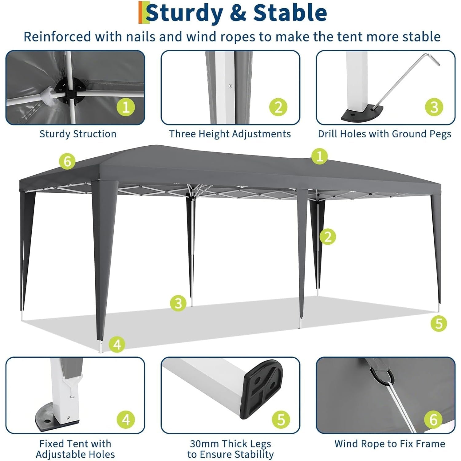 Garvee 10x20 ft Pop Up Canopy Tent, Heavy Duty Steel Frame Outdoor Shelter with 6 Removable Sidewalls, 3 Heights, UPF 50+ Waterproof 210D Oxford Cover, Dark Gray