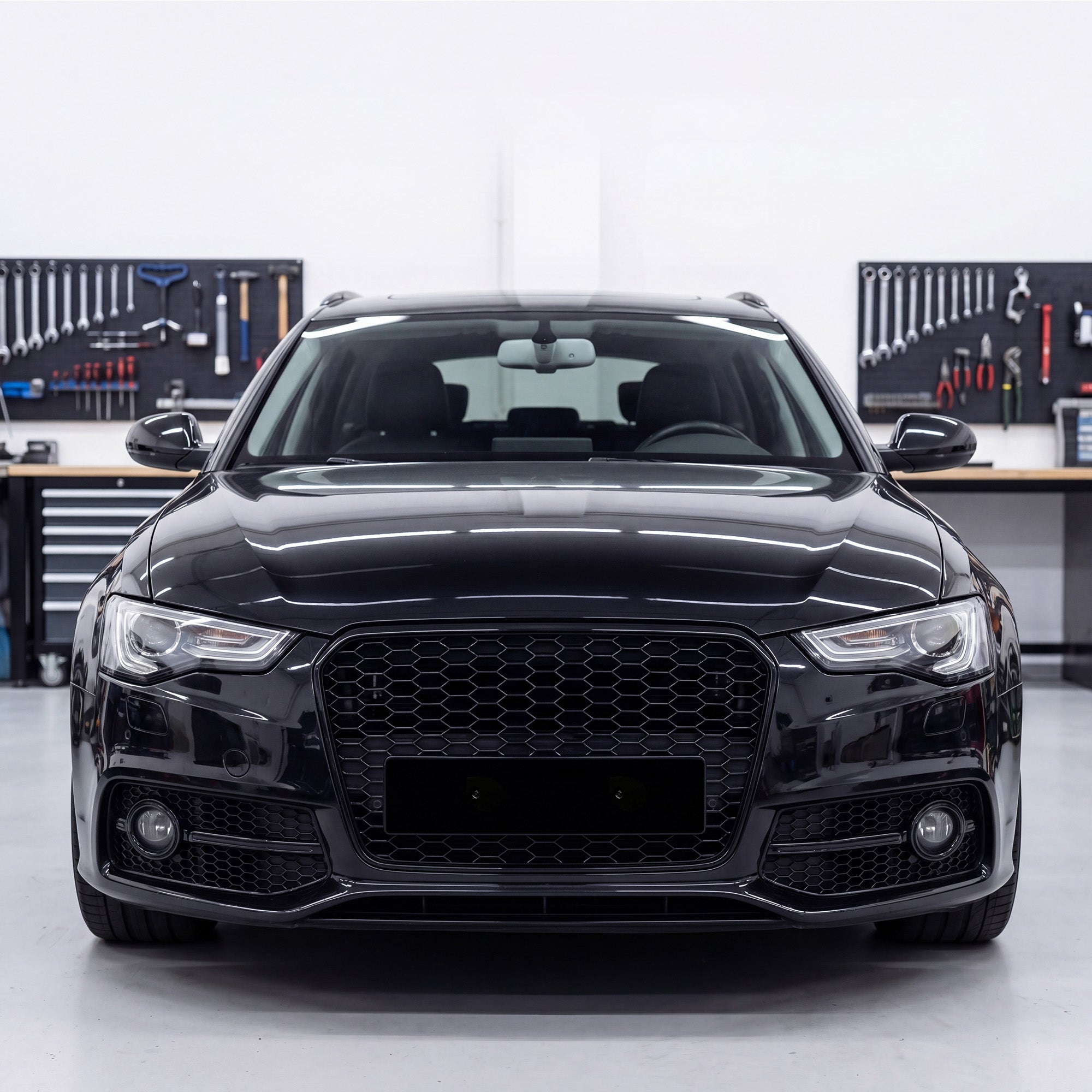 Garvee Sporty Honeycomb Front Center Grille with Fog Light Bezels for Audi Q5 2009-2012 – Glossy Black ABS – Bumper Guard – No Logo – Lightweight, Durable – Professional Installation – Color: Bright Black