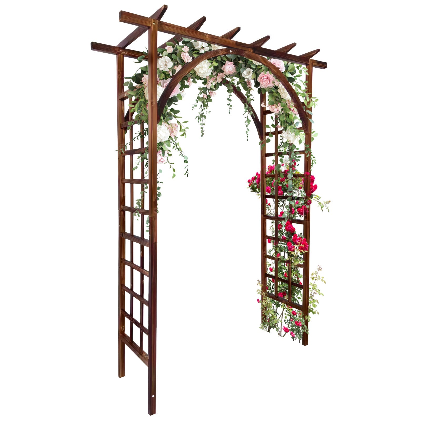 Garvee 85-Inch Wooden Garden Arbor Trellis, Fir Wood Pergola Arch for Climbing Plants, Wedding, Patio, Lawn & Backyard, Dark Brown, Arched & Flat Top