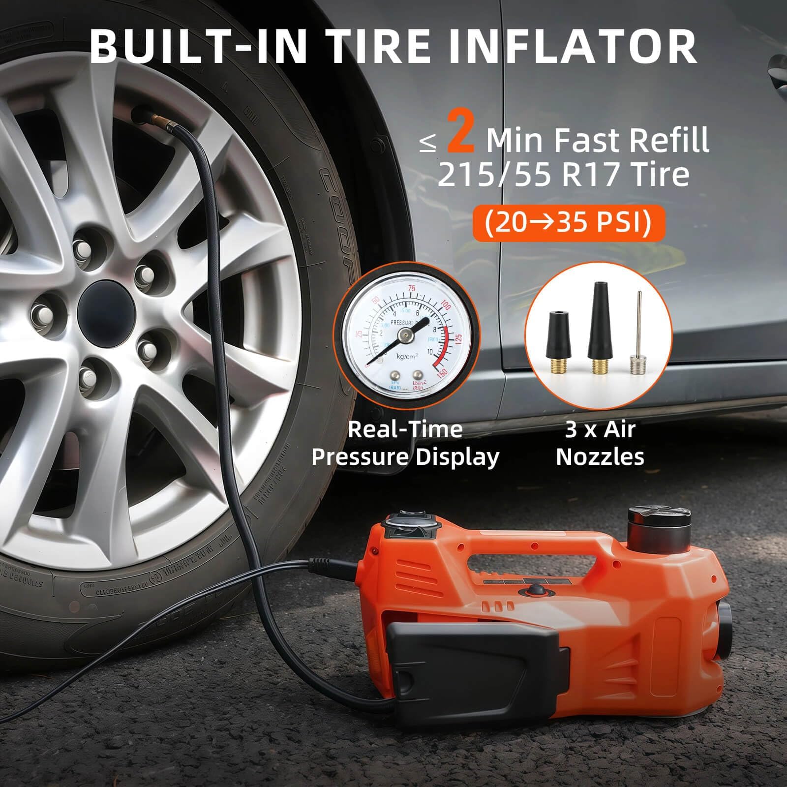 Garvee 5 Ton 12V Electric Hydraulic Car Jack Kit – Tire Inflator Pump & Impact Wrench – Portable Floor Jack Lift – Lifting Range 155-450mm – For Sedan, SUV, MPV, Truck Tire Change, Repair – Electric Jack + Electric Wrench