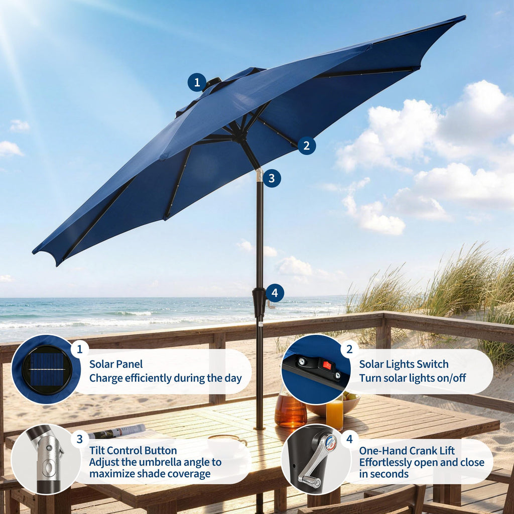 Garvee 10 FT Solar LED Patio Umbrella with 32 Lights, Round Outdoor Market Umbrella with Crank Lift, Push-Button Tilt and 8 Iron Ribs for Table, Deck and Pool, Navy Blue