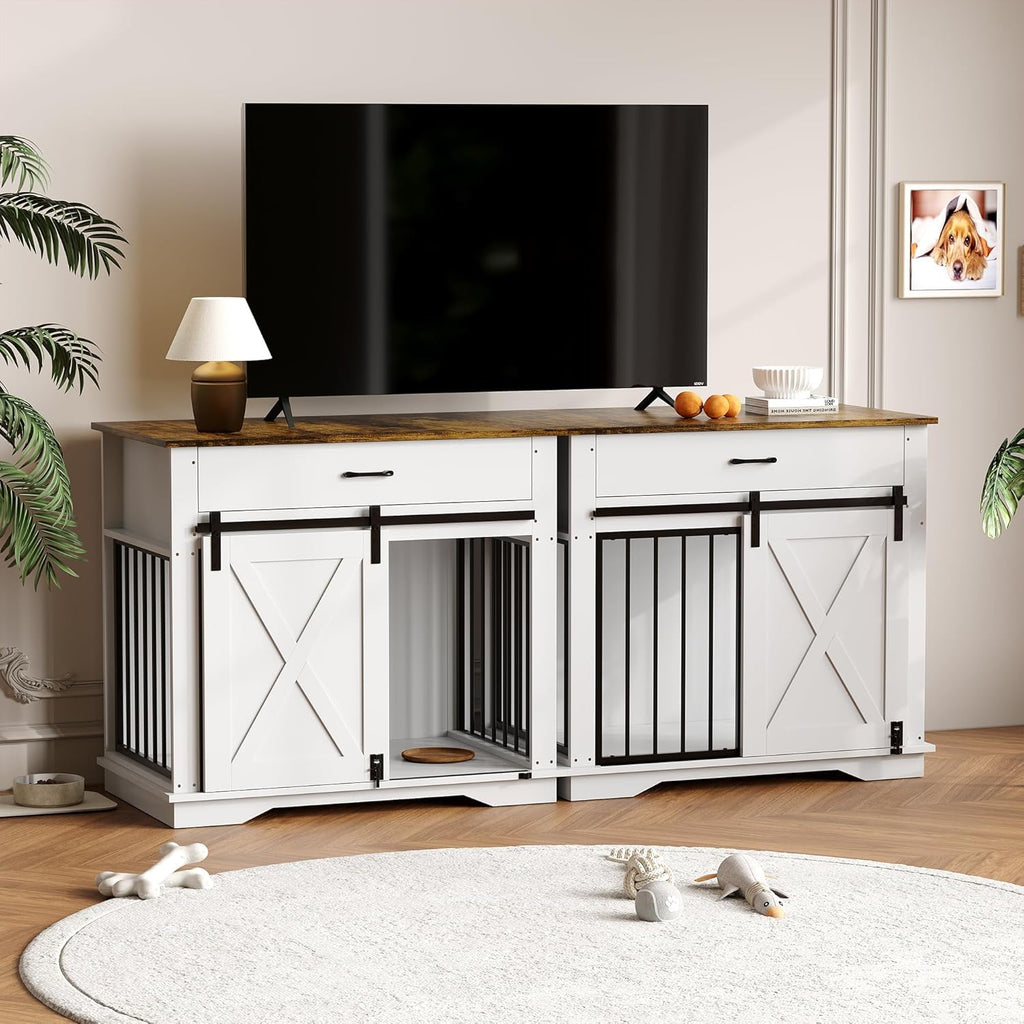 Garvee 38" Dog Crate Furniture, Wooden Dog Furniture with Sliding Door and Drawer, 2 in 1 Indoor Pet House and Side End Table for Small to Medium Dogs, White