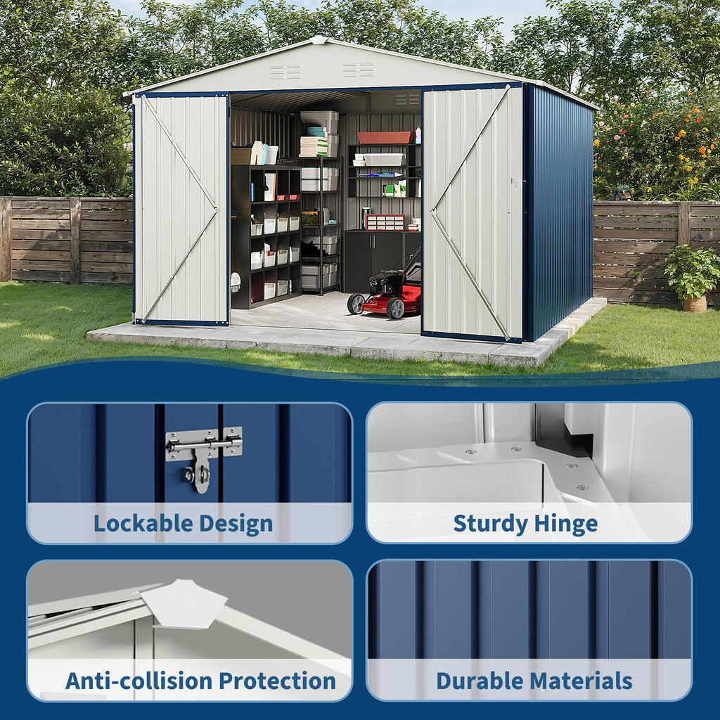 Garvee 10' x 10' Blue Metal Outdoor Storage Shed, 540 Cu.Ft. Galvanized Steel Garden Tool Shed with Lockable Door, Peak Roof & Air Vents