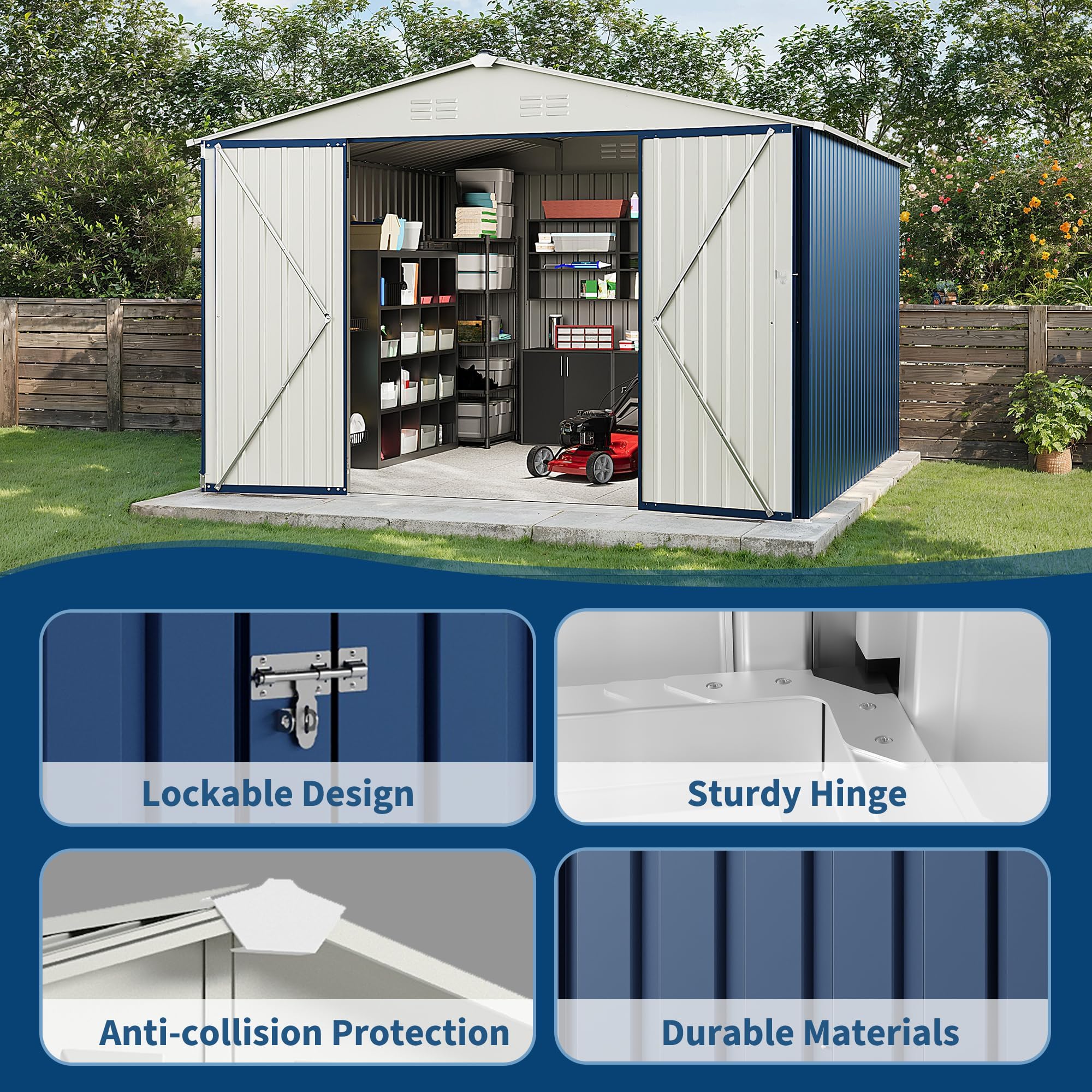 Garvee 10' x 10' Blue Metal Outdoor Storage Shed, 540 Cu.Ft. Galvanized Steel Garden Tool Shed with Lockable Door, Peak Roof & Air Vents