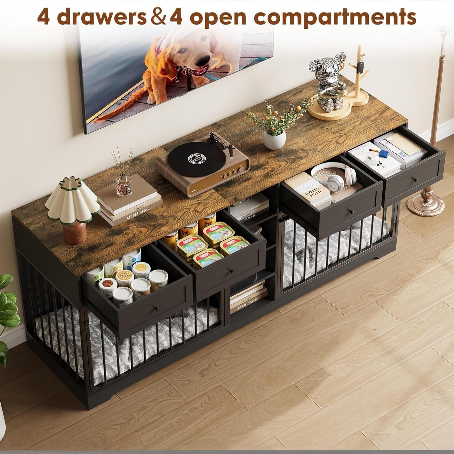 Garvee 82" Large Dog Crate for 2 Dogs, Dog Kennel Indoor with 4 Drawers and Shelves, Heavy Duty Double Dog Crate Furniture TV Stand, Wooden Dog Cage for Medium Large Dogs, Black+Brown