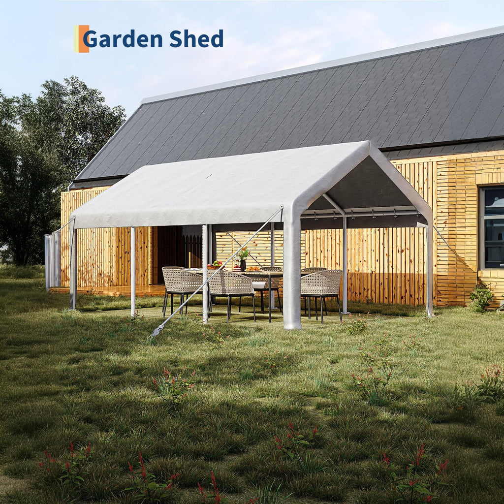 Garvee 12' × 20' Portable Garage, 200 GSM PE Carport Canopy with Reinforced Steel Frame, 2 Roll-Up Doors, 4 Mesh Windows, White