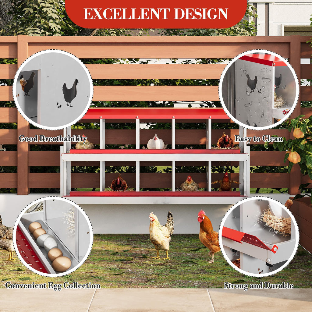 Garvee 10-Compartment Metal Chicken Nesting Box – Rustproof Roll-Away Egg Collection, Easy-Clean Ventilated Hen Coop Accessory, Secure Lid & Swing Perch, for Hens Ducks Poultry, Red, 10 Grids (Without Bracket)