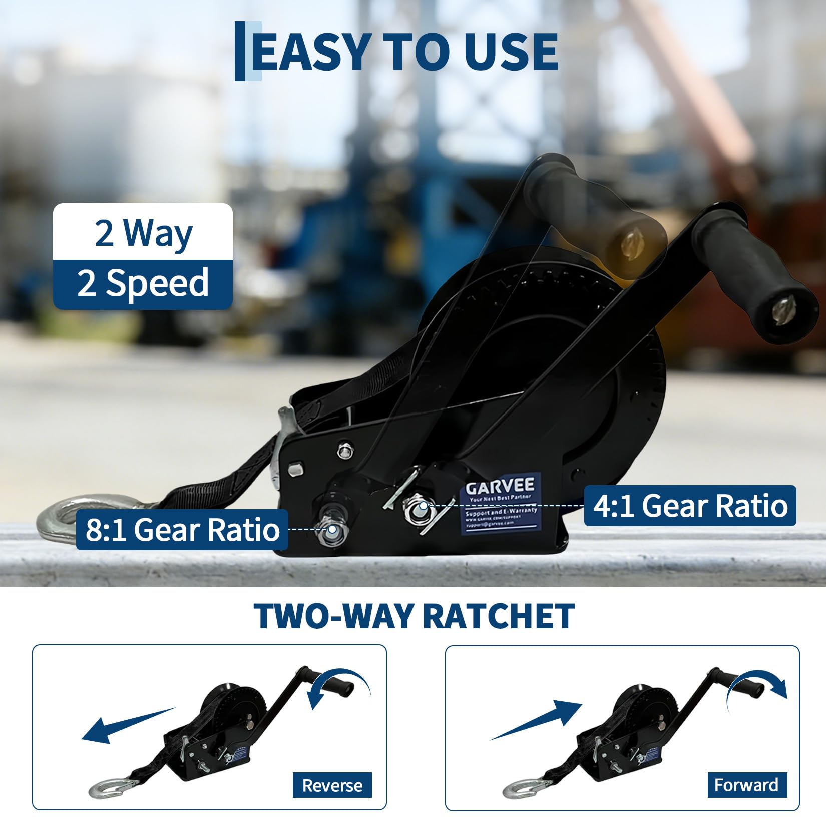 Garvee 3500lbs Heavy Duty Boat Trailer Winch with 33FT Strap, Dual-Speed 4:1/8:1 Gear Ratio & 2-Way Ratchet, Professional Hand Crank Winch for Pulling Boat, Trailer, Truck, RV, ATV, Jet Ski, Black