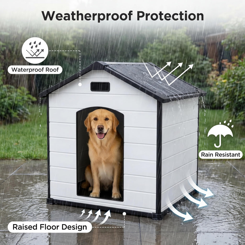 Garvee XLarge Dog House Indoor Outdoor Waterproof, 57" Heavy Duty Plastic Large Breed Dog Kennel with Raised Floor, Removable Roof & Air Vent for Small to XL Dogs, Easy Assembly
