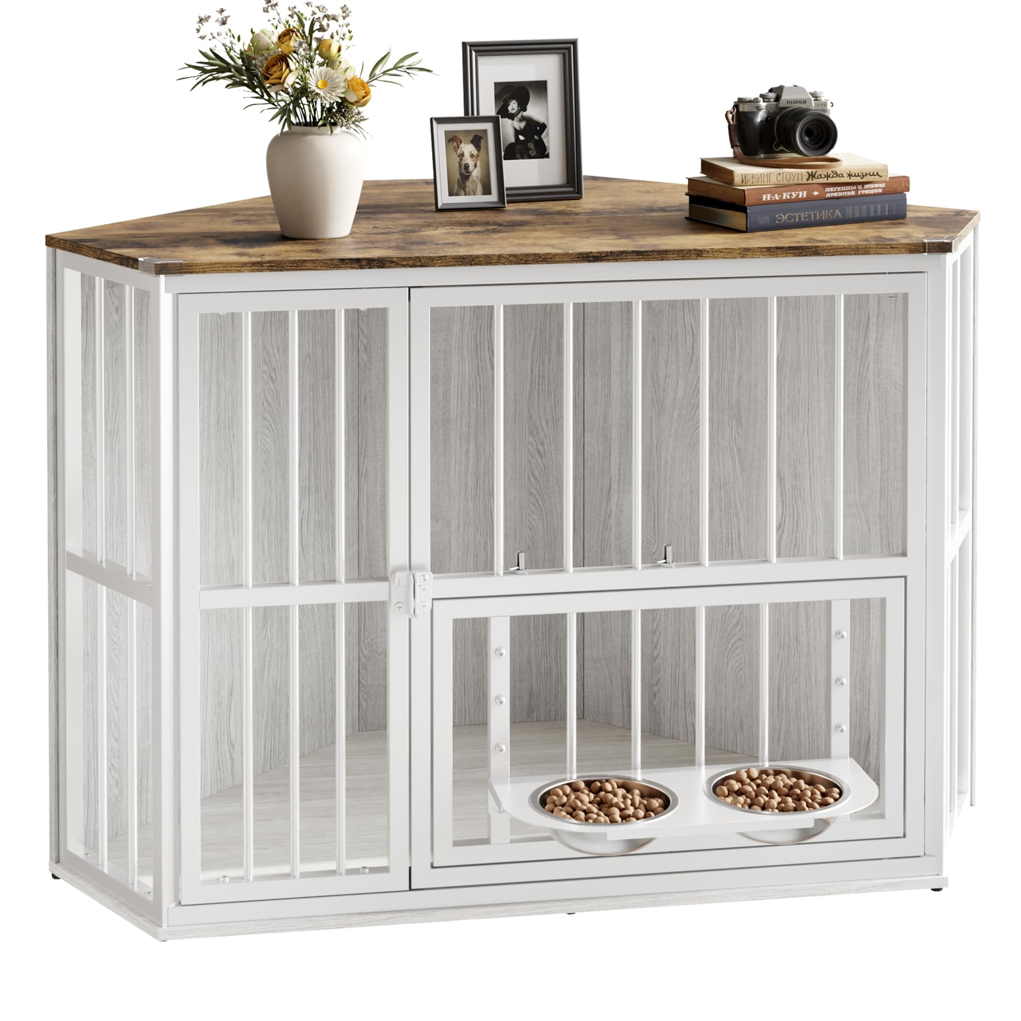 Garvee Space-Saving Corner Dog Crate Furniture – Wooden Indoor Kennel End Table with 360° Rotating Door, Stainless Steel Feeding Bowls, Decorative Design for Small Dogs, Washed White, Classic + Washed White + White Iron Frame