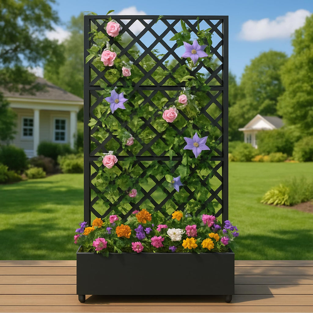 Garvee Metal Planter Box with Diamond Lattice Trellis - 72"x47" Galvanized Raised Garden Bed on Wheels for Climbing Plants and Vines, Black Finish