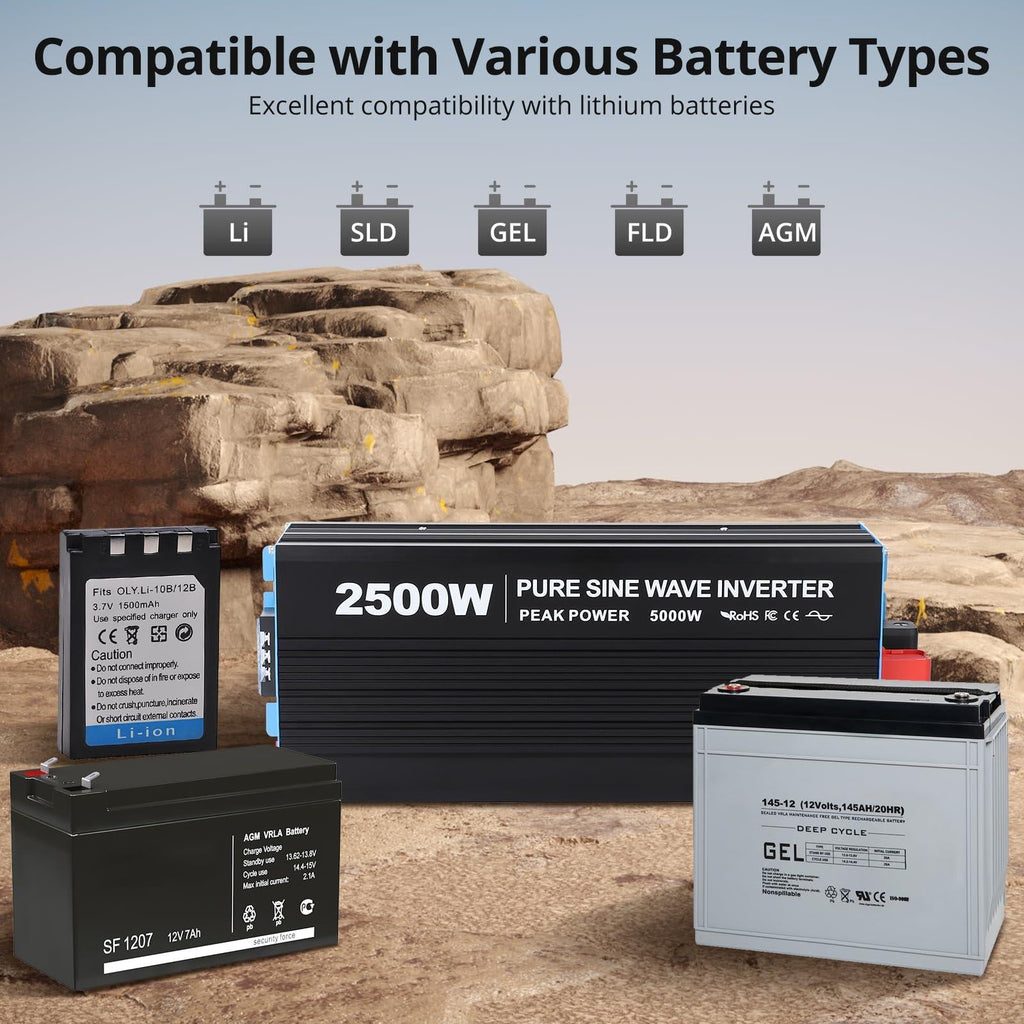 Garvee 2500W Pure Sine Wave Inverter — 5000W Peak, 12V→120V AC, Low-Idle Power, Multi‑Battery Compatible (Li/AGM/GEL), 6 Safety Protections