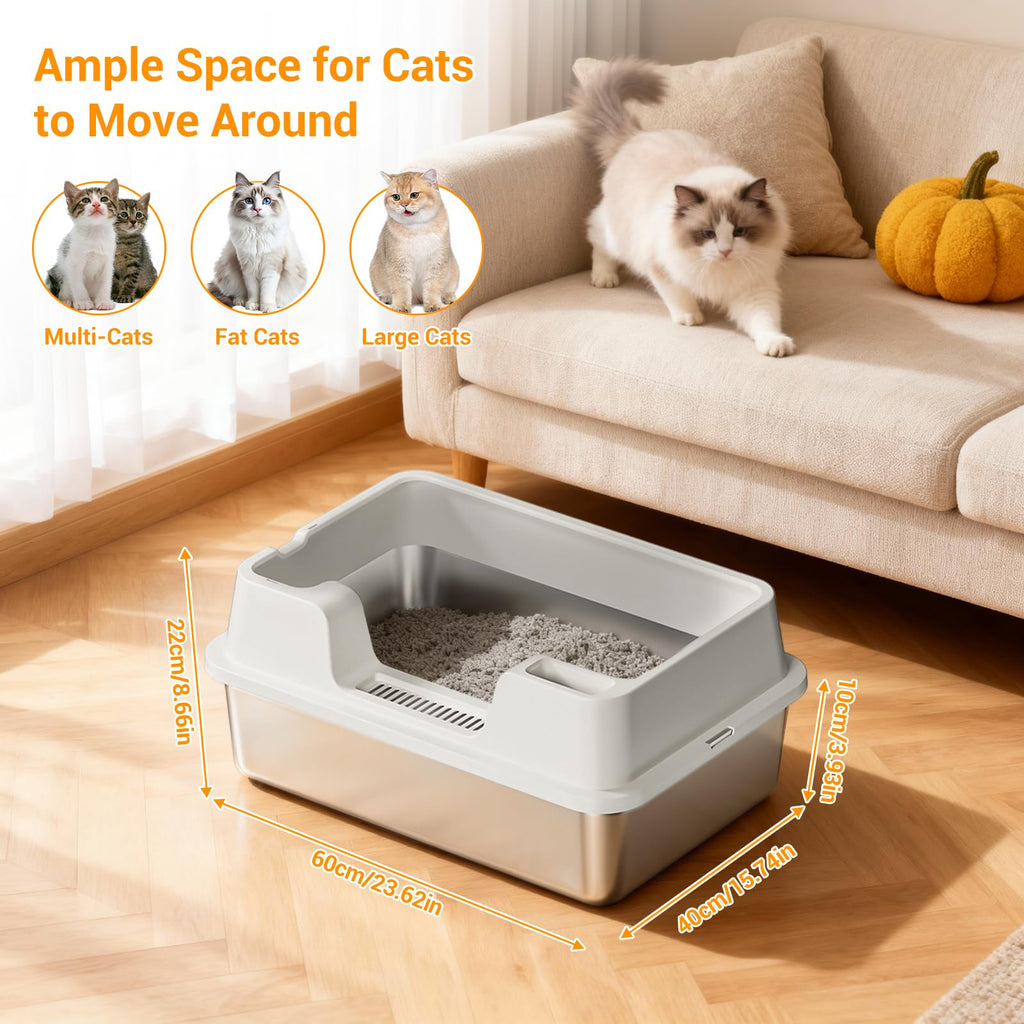 Garvee High Sided Stainless Steel Cat Litter Box - Extra Large, Leak-Proof, Odor Resistant, Non-Stick, Easy Clean, Semi-Enclosed, Durable Metal Litter Pan - 60x40x27cm, White