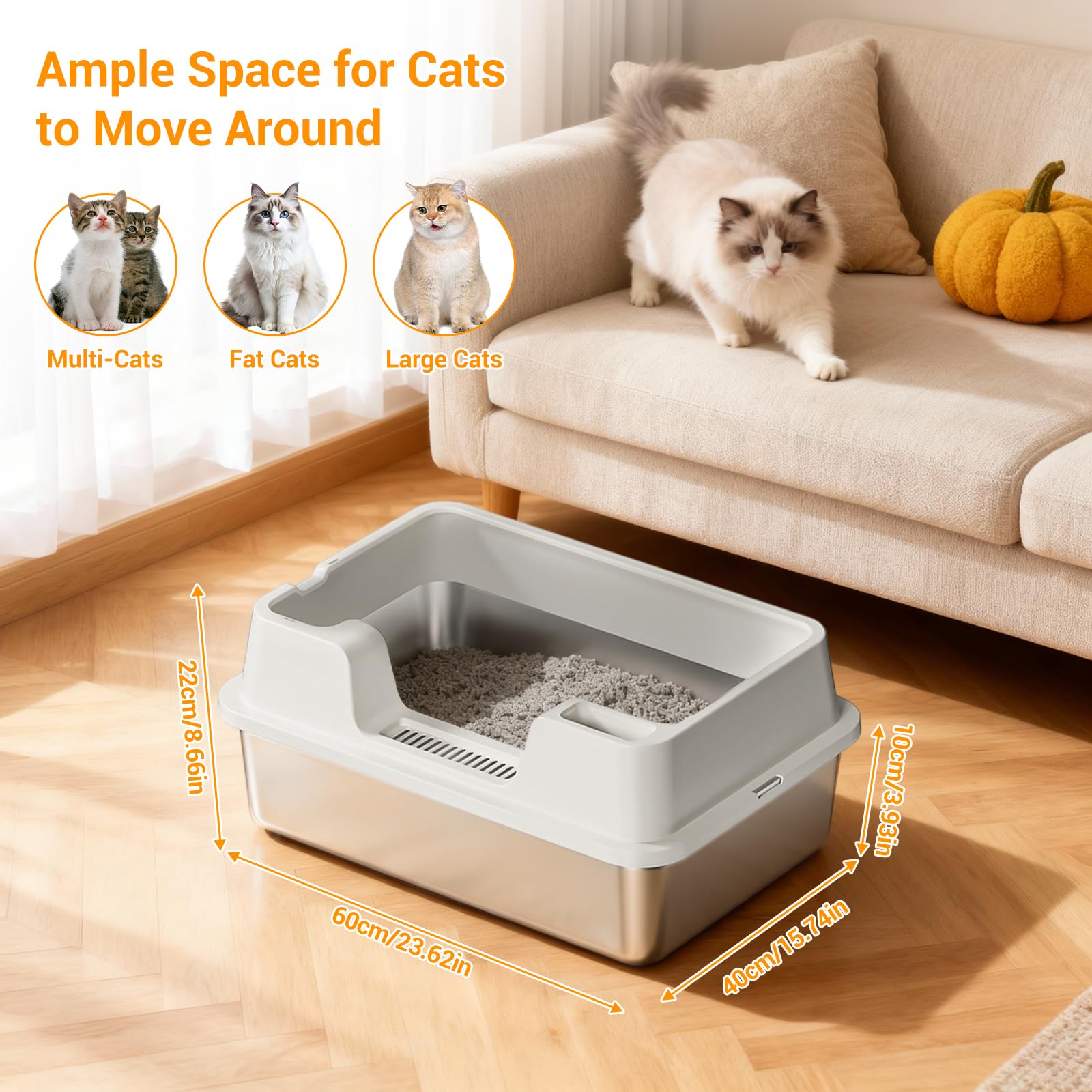 Garvee High Sided Stainless Steel Cat Litter Box - Extra Large, Leak-Proof, Odor Resistant, Non-Stick, Easy Clean, Semi-Enclosed, Durable Metal Litter Pan - 60x40x27cm, White