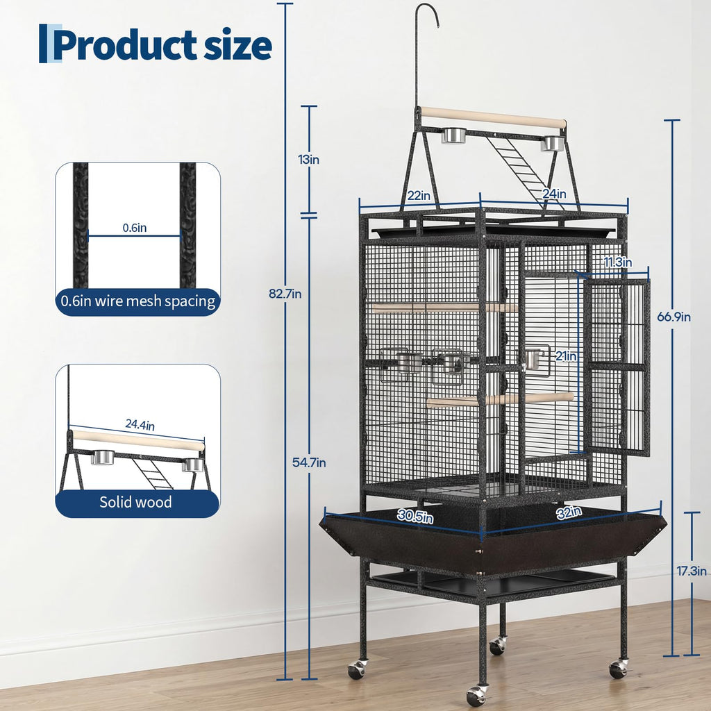 Garvee Extra Large 82" Parrot Cage with Play Top & Rolling Stand, Heavy Duty Wrought Iron Aviary – Spacious, Secure, Easy to Clean – Removable Tray & Rope Perch – Ideal for Parrots, Parakeets