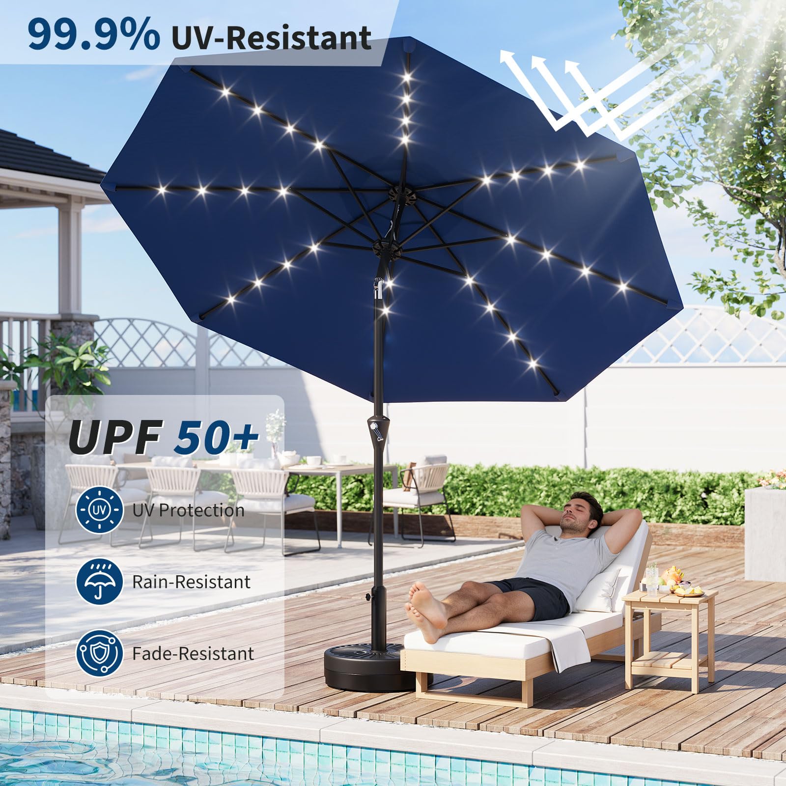 Garvee 10 ft Solar Patio Umbrella with 32 LED Lights, Outdoor Market Umbrella with Crank Lift & Tilt, UV-Resistant Canopy for Pool, Garden & Backyard, Navy Blue