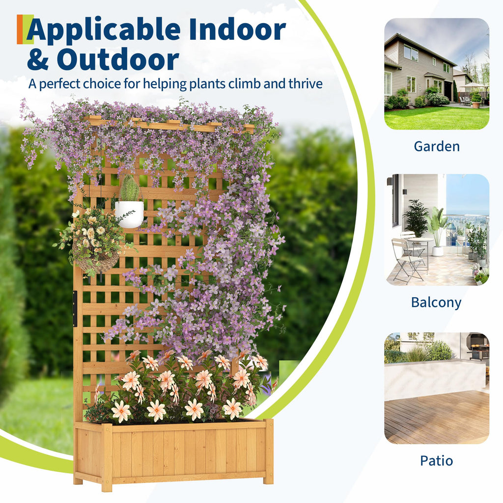Garvee Raised Garden Bed with Trellis, 35.4" × 17.7" × 71.9" Fir Wood Planter Box with 33" × 17" Growing Bed, 4 Drainage Holes for Climbing Plants, Yellow