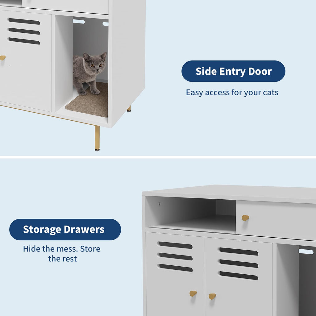 Garvee Modern Cat Litter Box Enclosure Furniture – Hidden Storage, Barn Door, Drawers & Shelves, Ventilated, Dog Proof, Cat Washroom Side Table – Fits Most Litter Boxes – White
