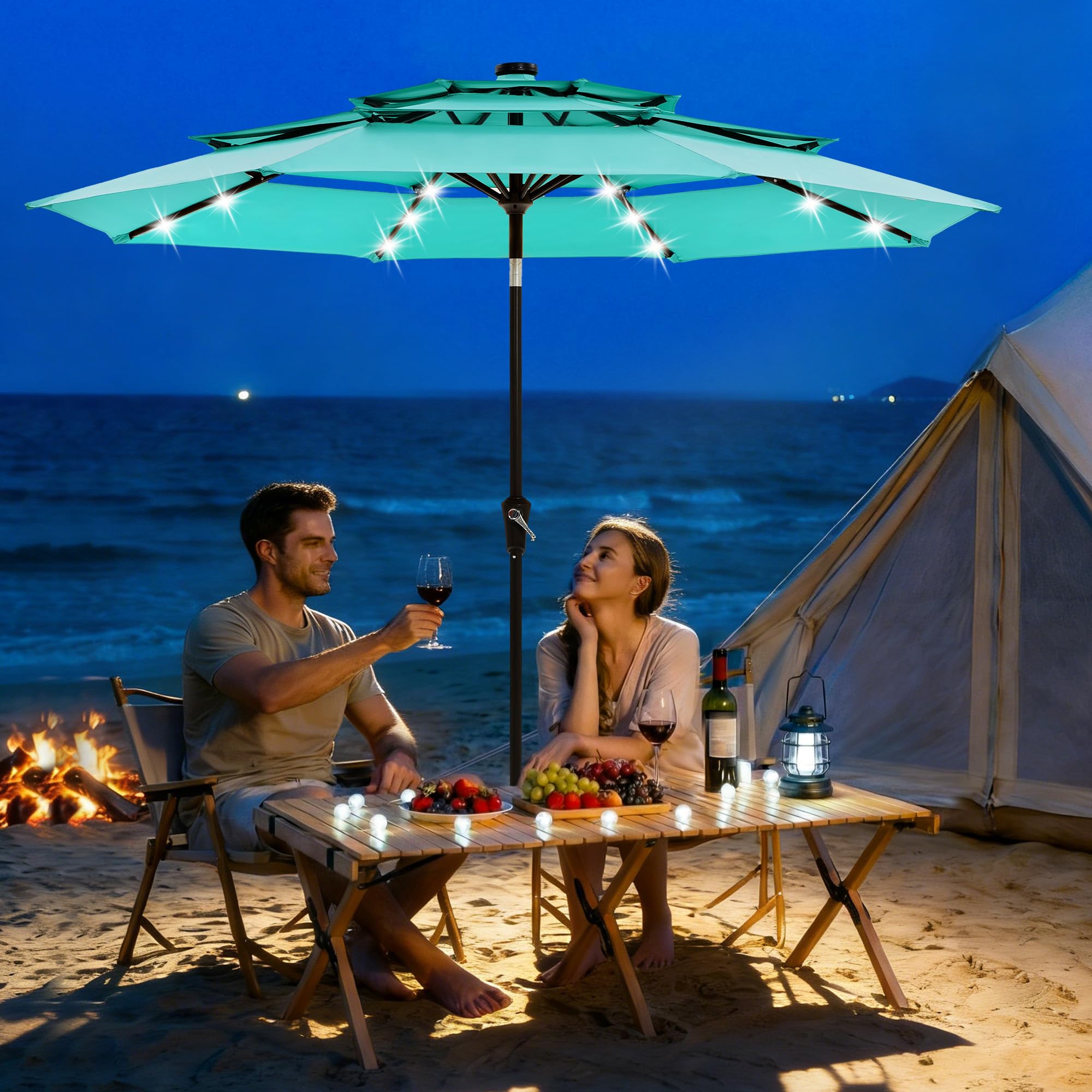 Garvee All-Weather 10ft 3-Tier Patio Umbrella with 24 LED Solar Lights – Vented Top, Easy Crank Tilt, 8 Reinforced Ribs, Outdoor Market Sunshade for Deck, Pool, or Garden – Turquoise Blue