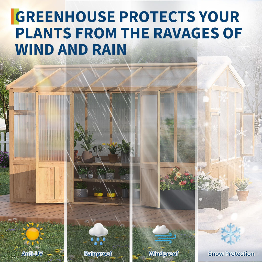 Garvee 8x12 ft Wooden Greenhouse for Outdoor - Heavy Duty Walk-in Green House Kit with 6 mm Polycarbonate,Ventilated Window & Lockable Door for Backyard,Patio,Lawn