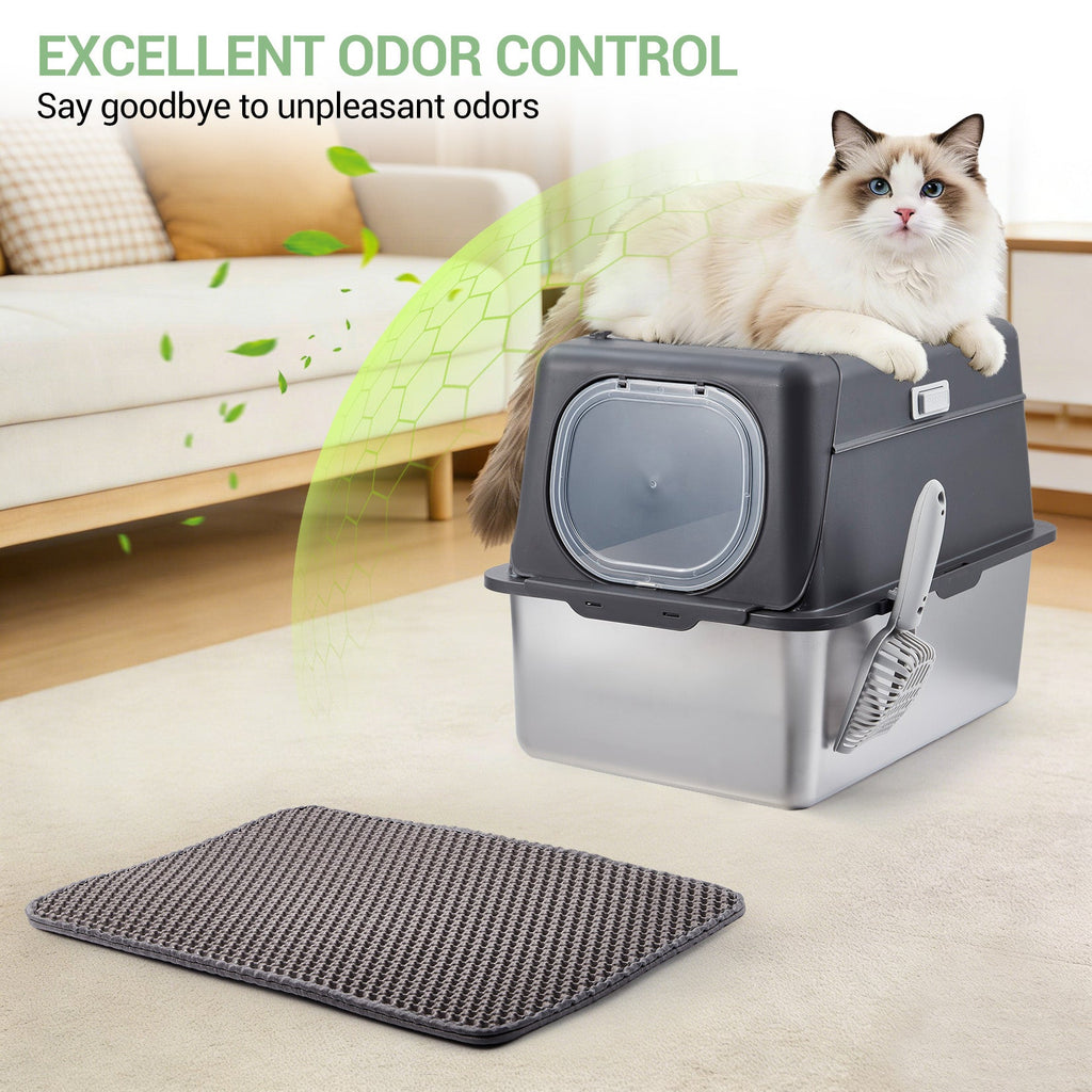 Garvee Stainless Steel Cat Litter Box - Enclosed Design, 20cm Depth, Dark Gray, Durable Cat Litter Container, Cat Toilet Box