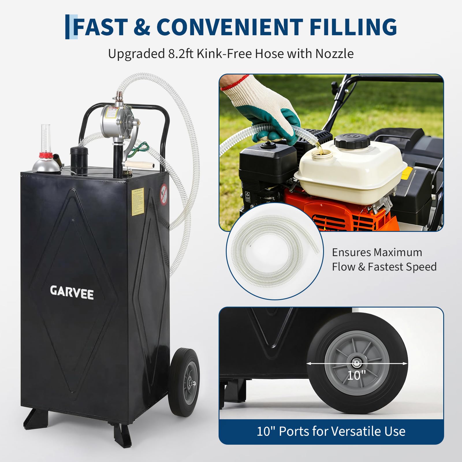 Garvee 35 Gallon Portable Fuel Gas Caddy Storage Tank – Reinforced 2-Wheel, 2-Support Design, Manual Rotary Pump, Fuel Hose, Wide Fill Neck, Level Gauge, Grounding Clamp – Mobile Gasoline/Fuel Transfer for ATV, Tractor, Lawn Mower, Car, Boat – Reinforced
