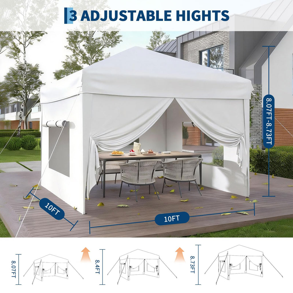 Garvee 10x10 Pop Up Canopy Tent with 4 SideWalls, Easy Up Canopy with 3 Adjustable Height, Outdoor Sun Shade with 4 Sandbags & Carrying Bag for Camping, Parties,Outdoor Events-White