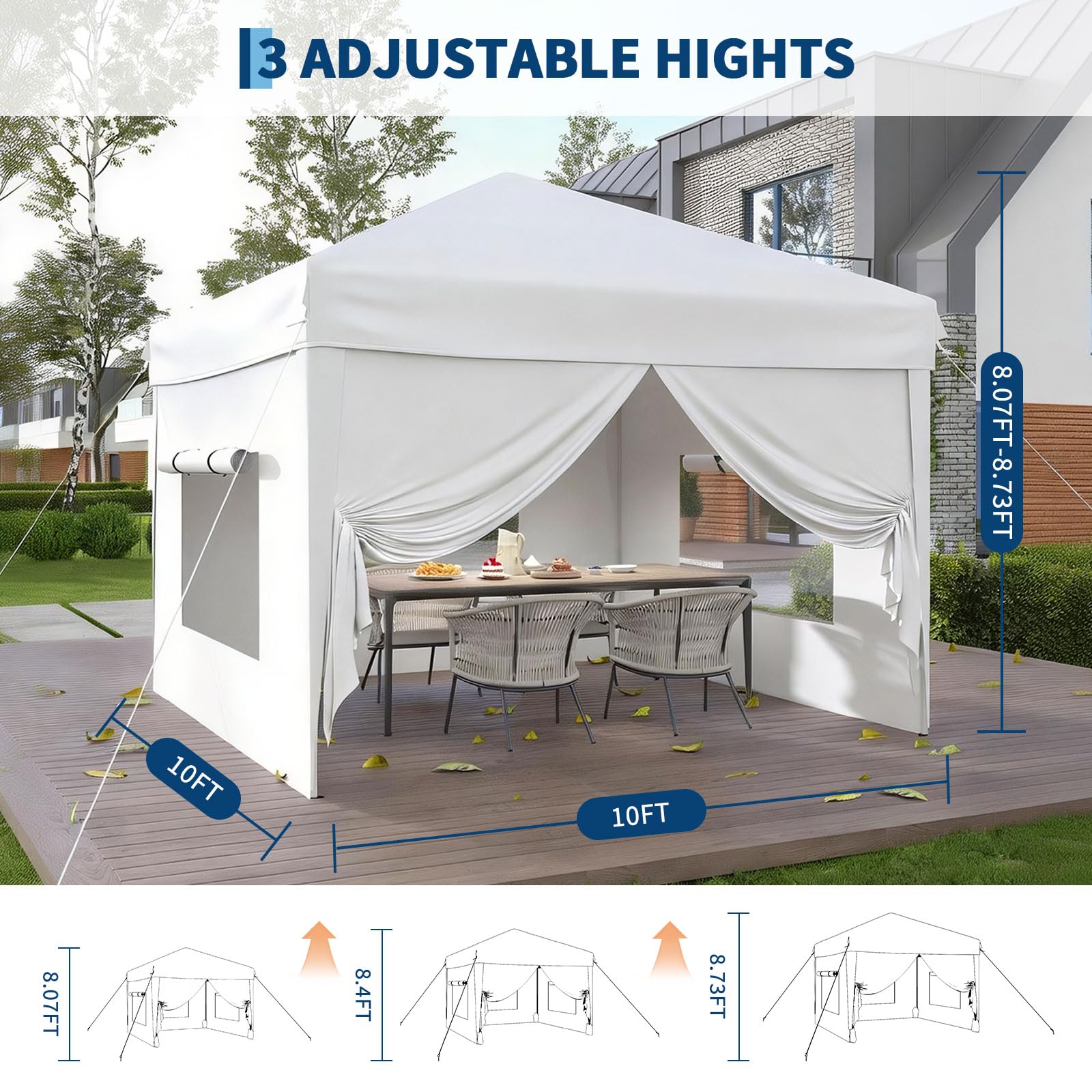 Garvee 10x10 Pop Up Canopy Tent with 4 SideWalls, Easy Up Canopy with 3 Adjustable Height, Outdoor Sun Shade with 4 Sandbags & Carrying Bag for Camping, Parties,Outdoor Events-White