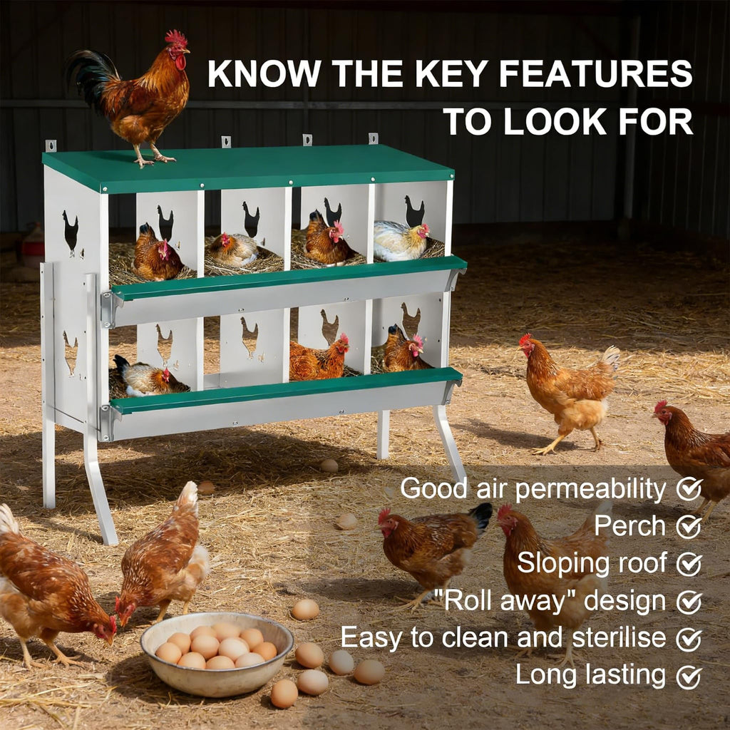 Garvee 8-Compartment Metal Poultry Nesting Box with Legs – Roll Away Egg Collection, Soft Nest Pads, Fake Eggs, Swing Perch, Lid Cover – Galvanized Steel Hen Laying Box for Coop, Barn, Farm – Wall Mount or Freestanding, 8-compartment bracketed model