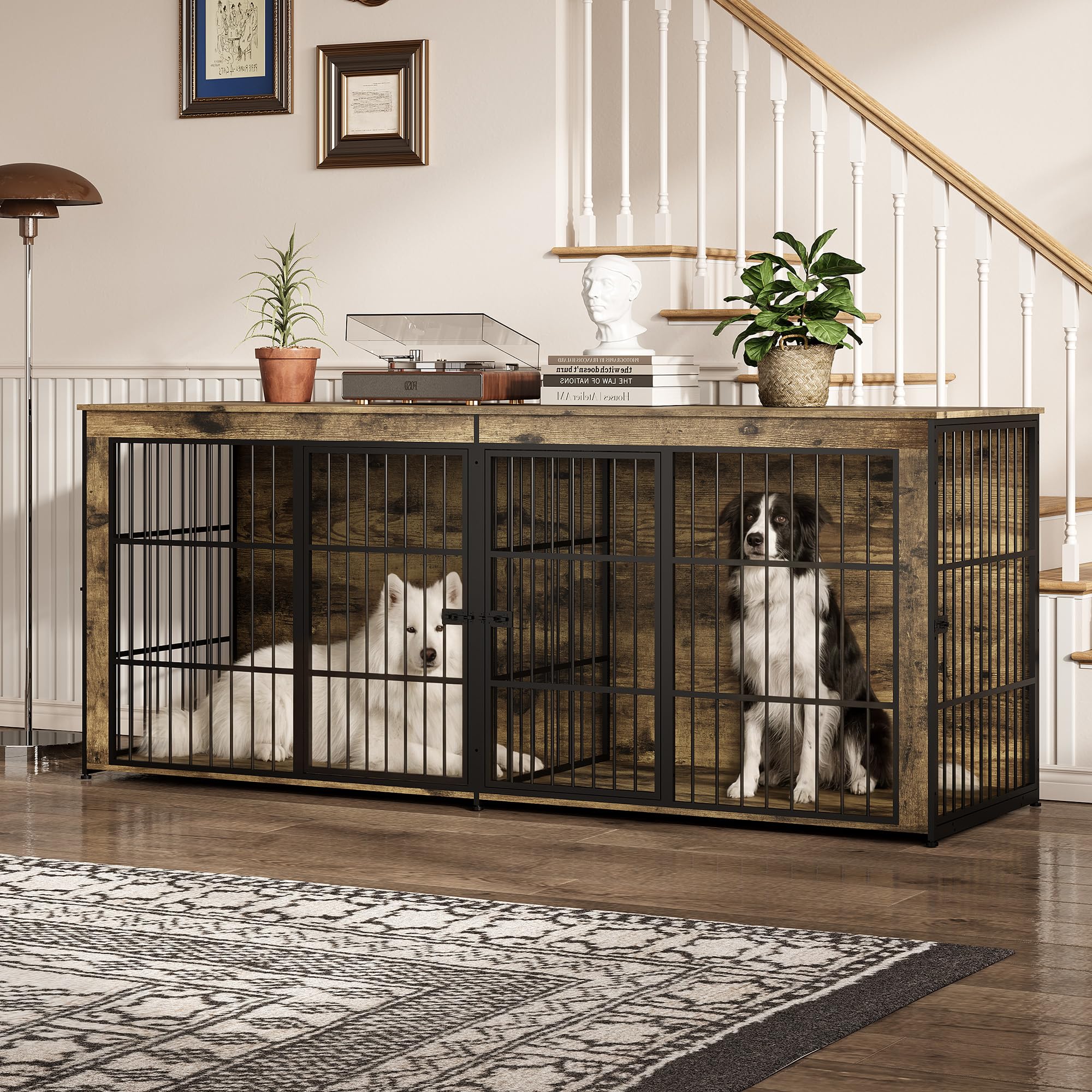 Garvee 94.5" Extra Large Dog House Furniture, Heavy Duty Wooden Dog Kennel Indoor End Table, TV Stand  for Large/Medium Dogs, 4 Doors, Divider, Storage, Adjustable Feet, Vintage Brown
