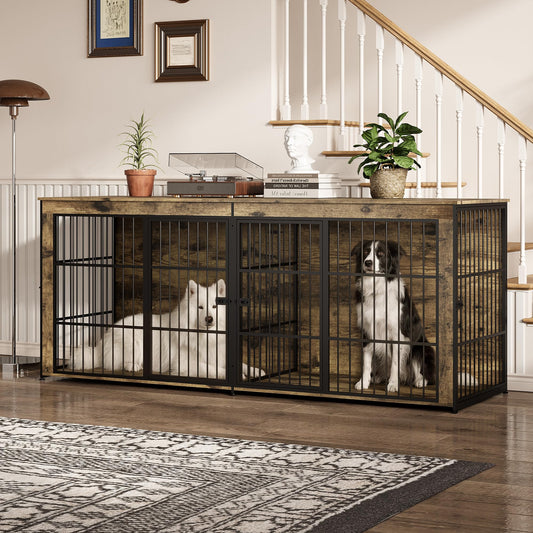 Garvee 94.5" Extra Large Dog House Furniture, Heavy Duty Wooden Dog Kennel Indoor End Table, TV Stand  for Large/Medium Dogs, 4 Doors, Divider, Storage, Adjustable Feet, Vintage Brown