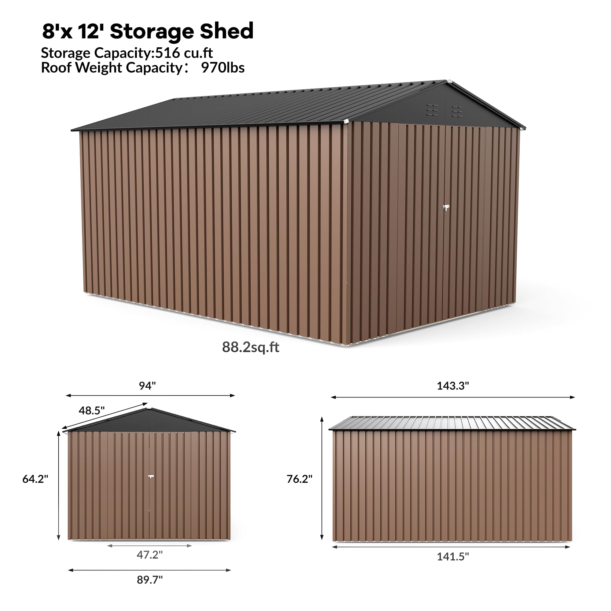 Garvee Spacious 8x12 FT Metal Outdoor Storage Outdoor Storage - Reinforced Frame, Lockable T-Type Door, Weatherproof, Ideal for Garden Tools & Bikes - Brown with Dark Roof