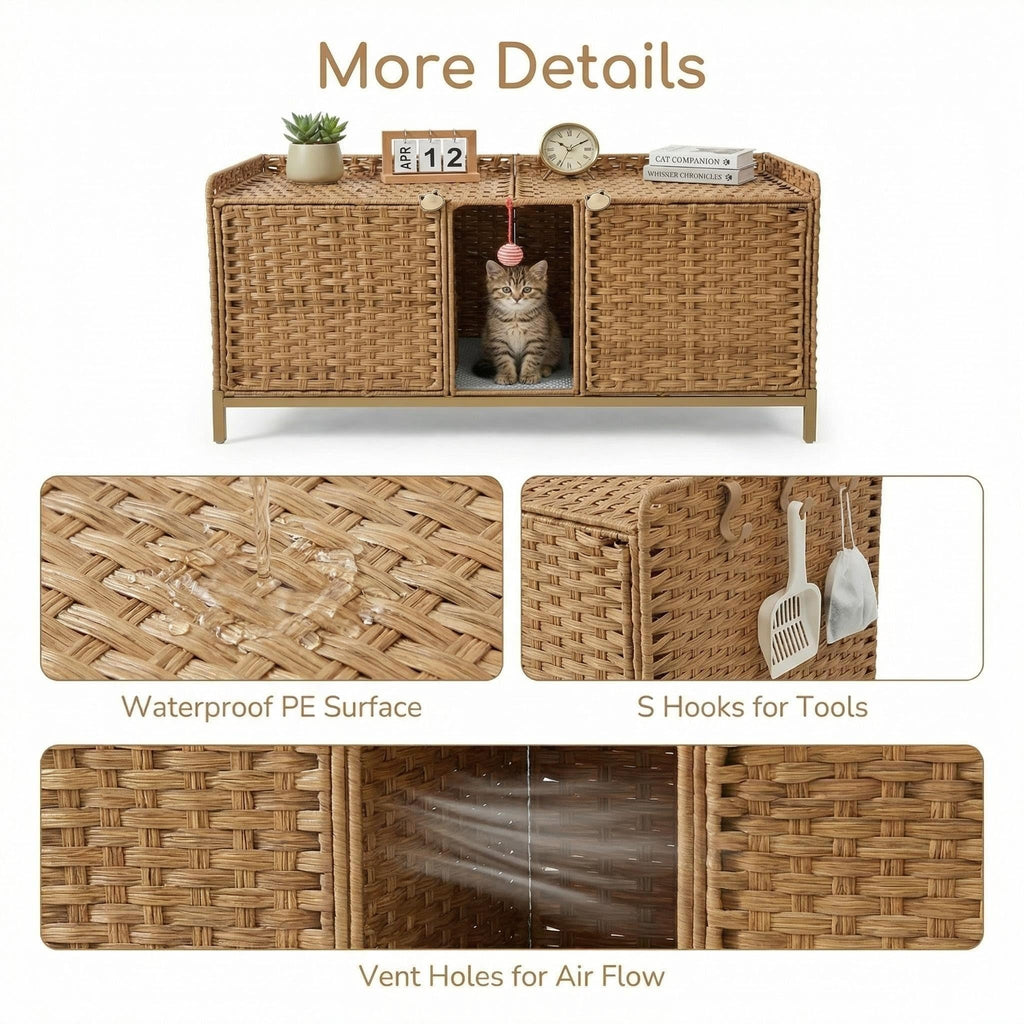 Garvee Handwoven Rattan Cat Litter Box Enclosure - Hidden Cat Washroom Cabinet with Door & S-Shaped Hooks - Large Spacious Cat Furniture for Living Room or Bedroom - Natural Color