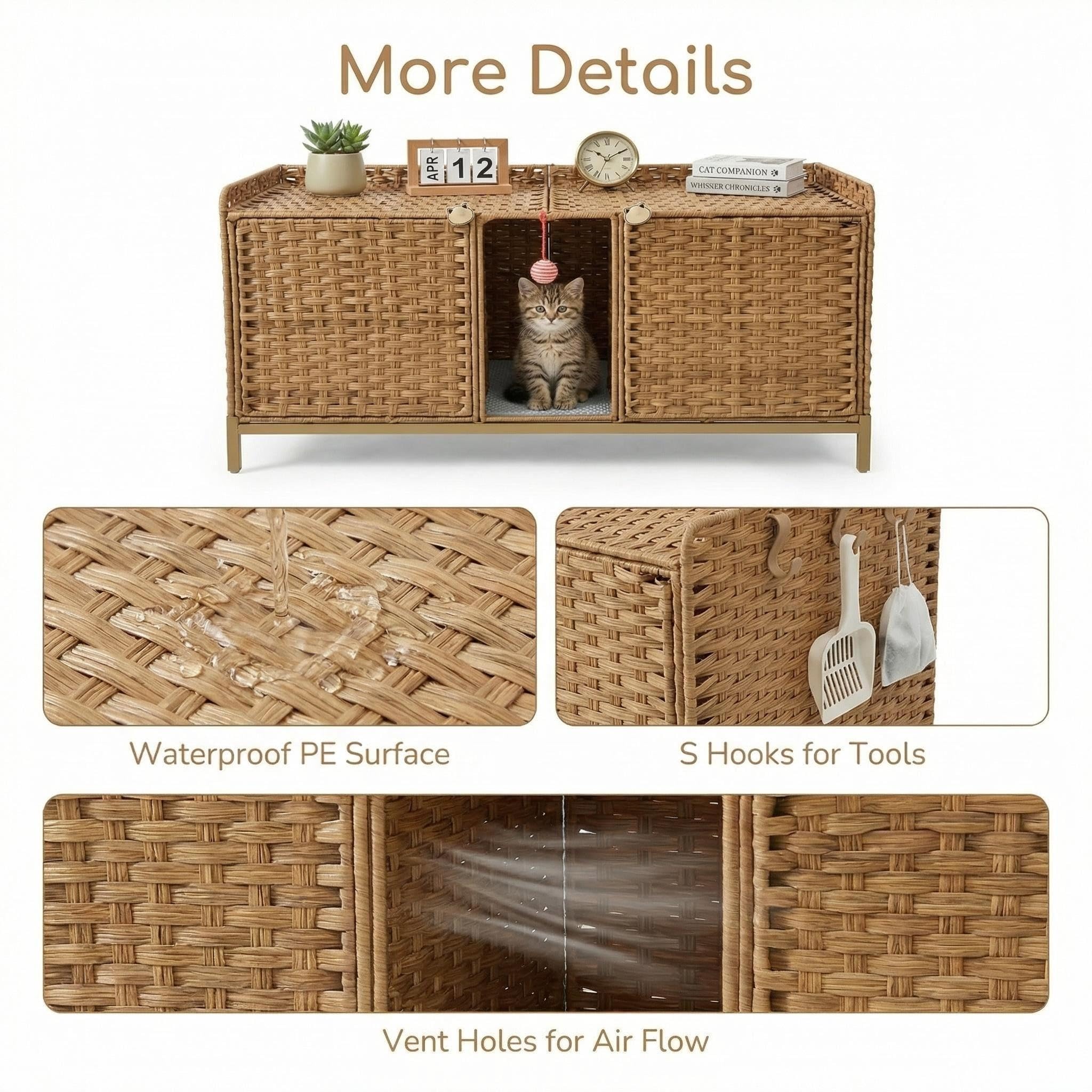 Garvee Handwoven Rattan Cat Litter Box Enclosure - Hidden Cat Washroom Cabinet with Door & S-Shaped Hooks - Large Spacious Cat Furniture for Living Room or Bedroom - Natural Color