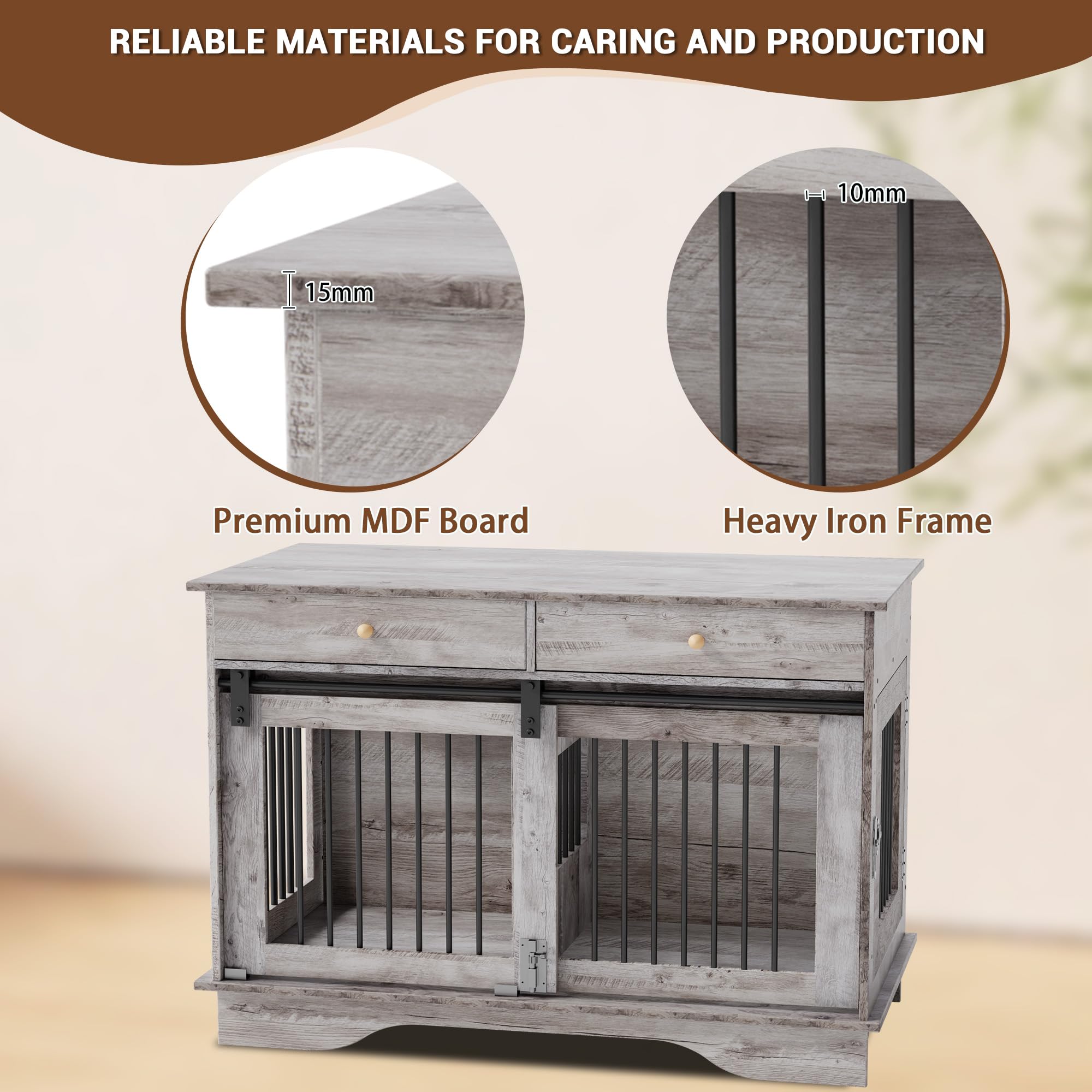 Garvee Dog Crate Furniture for 2 Dogs, 47" Double Dog Kennel with Removable Divider and 2 Drawers, Decorative TV Stand Side Table, Indoor Pet Cage for Large/Medium/Small Dogs, Gray