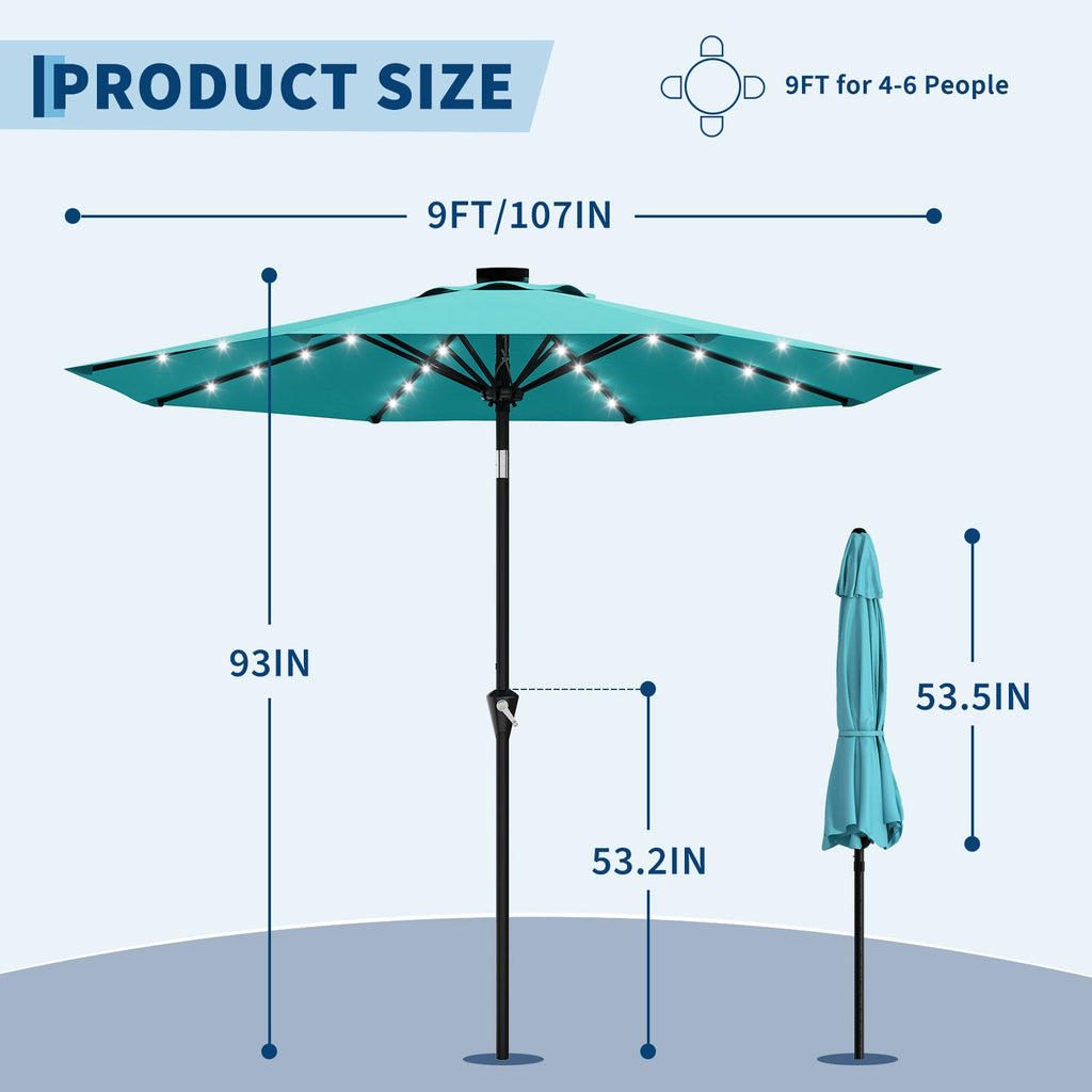 Garvee 9FT Solar LED Patio Umbrella, Waterproof Outdoor Market Table Umbrella with 8 Ribs, Crank Lift, Push Button Tilt, UV Protection for Garden, Pool & Deck, Sky Blue