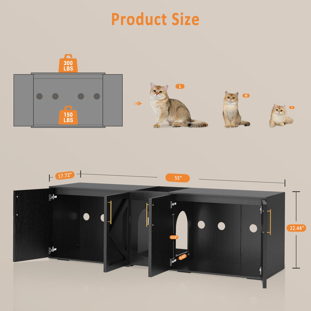 Garvee Modern Double Room Cat Litter Box Enclosure - Large Hidden Wooden Cat Washroom Cabinet for 2 Cats with Storage Shelf, Soft Cushion, End Table TV Stand - Catnip Toy Compatible - Black