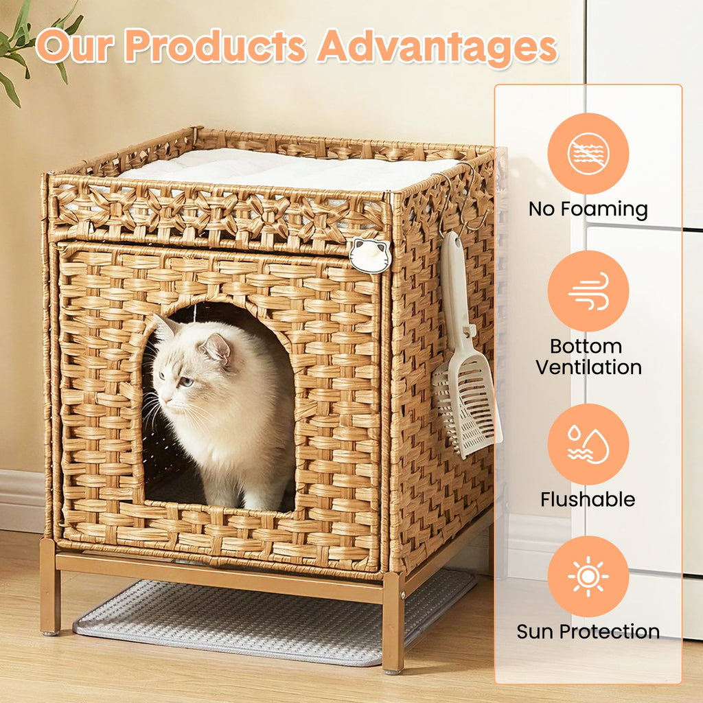 Garvee Cat Litter Box Enclosure Hidden Litter Box Furniture with Metal Heightened Feet, Rattan Handwoven Cat House with Litter Mat, Hidden Litter Box Furniture for Bedroom Living Room, Natural