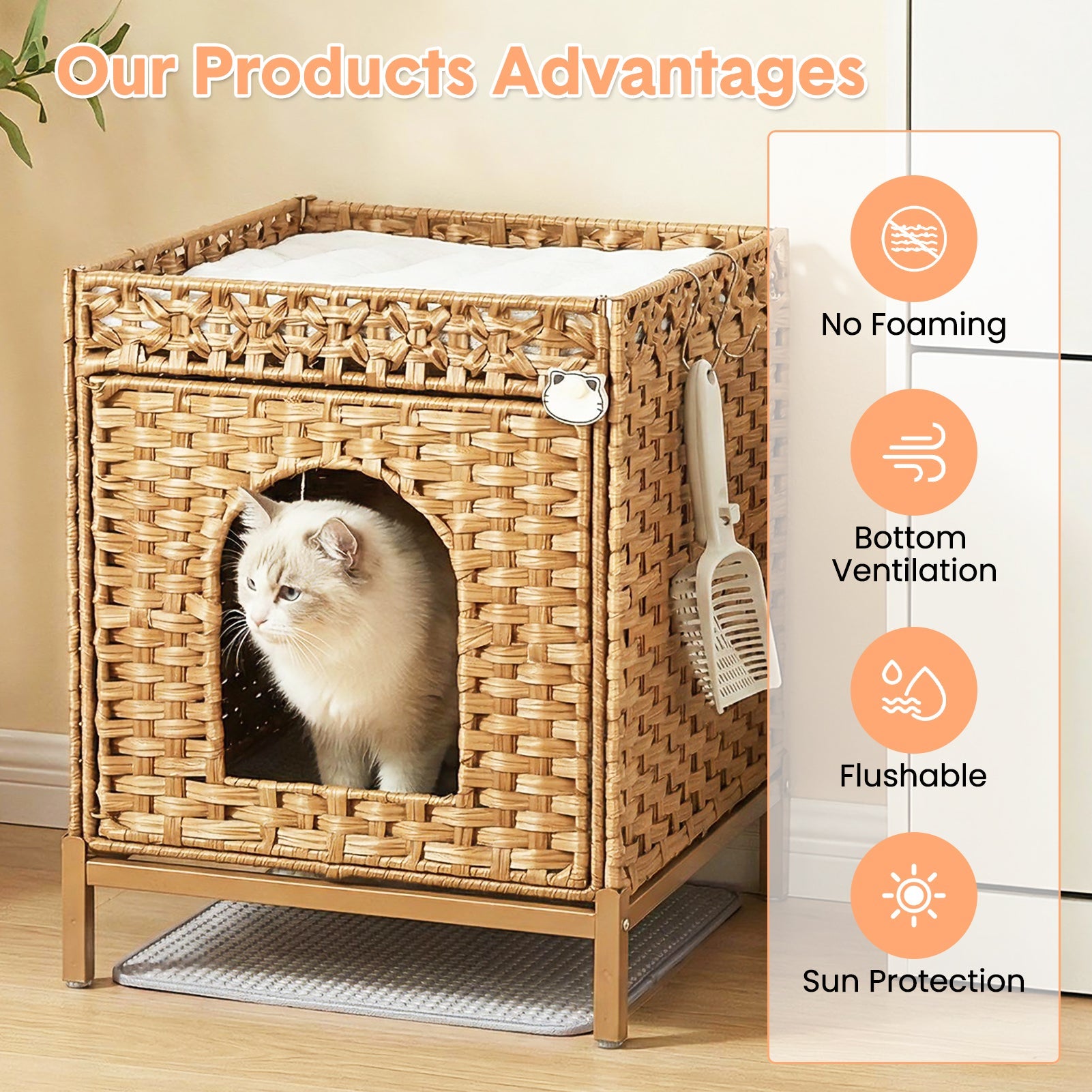 Garvee Cat Litter Box Enclosure Hidden Litter Box Furniture with Metal Heightened Feet, Rattan Handwoven Cat House with Litter Mat, Hidden Litter Box Furniture for Bedroom Living Room, Natural