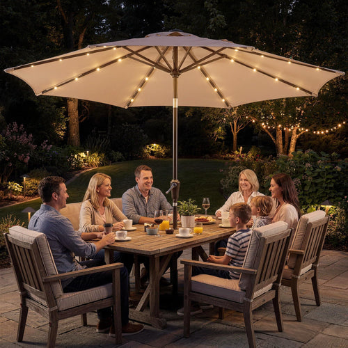 Garvee 10 FT Solar LED Patio Umbrella, Outdoor Market Table Umbrella with 32 Lights, Push-Button Tilt, Crank Lift & 8 Iron Ribs for Deck, Garden, Backyard and Pool, Beige