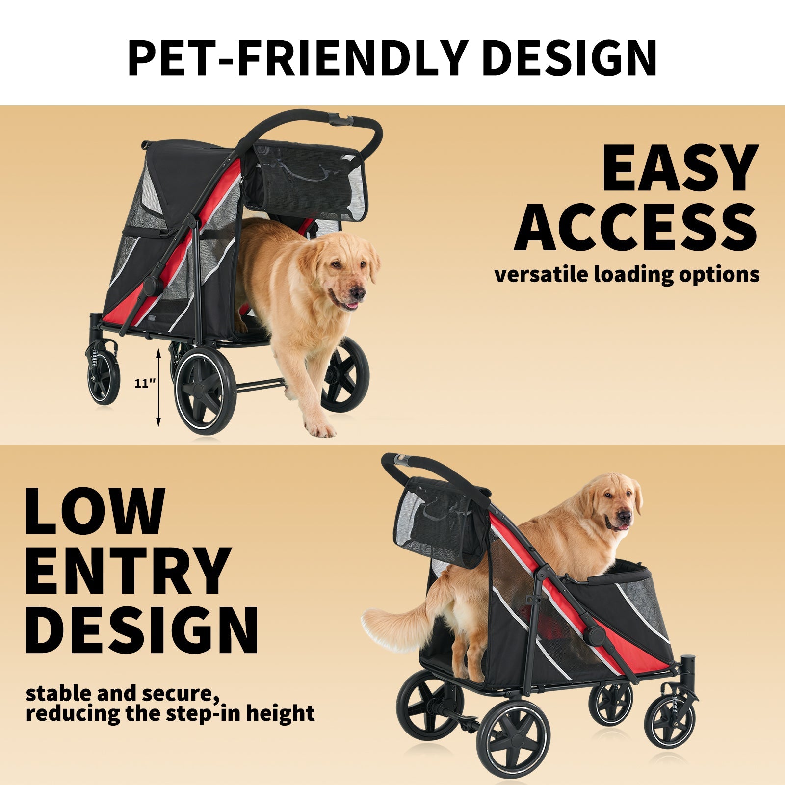 Garvee Large Dog Stroller for Large Dogs 88 lbs, One-Step Fold Pet Stroller with 11" All-Terrain Wheels, 360° Rotatable Front Wheels & Brakes, Heavy Duty, Dual Entry Doors for Senior Dogs, Red